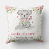 Watercolor Cute Floral Koala Baby Birth Stats クッション (裏面)