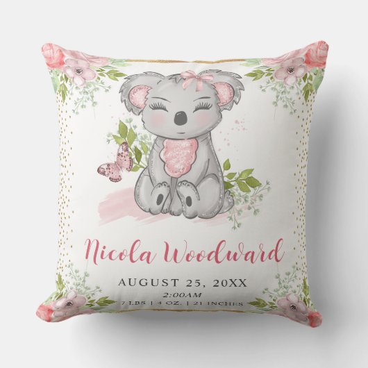 Watercolor Cute Floral Koala Baby Birth Stats クッション (正面)