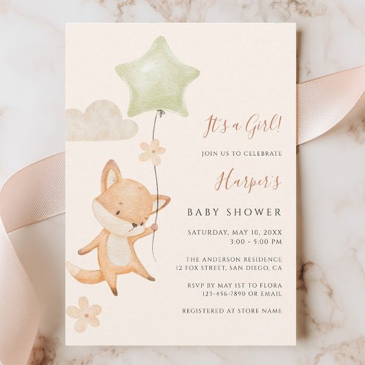 Watercolor Cute Fox Flying Balloon Baby Shower  招待状