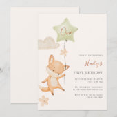 Watercolor Cute Fox Flying Balloon First Birthday 招待状 (正面/裏面)