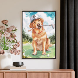 Watercolor Cute Golden Retriever Golf キャンバスプリント