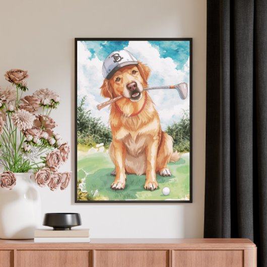 Watercolor Cute Golden Retriever Golf キャンバスプリント
