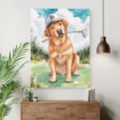 Watercolor Cute Golden Retriever Golf ポスター