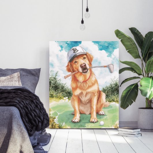 Watercolor Cute Golden Retriever Golf ポスター