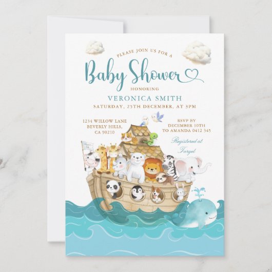 Watercolor Cute Noah's Ark baby shower adventure 招待状 (正面)