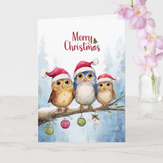 Watercolor Cute Owls Whimsical Christmas Folded カード (蘭)
