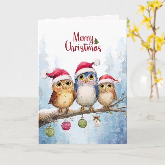 Watercolor Cute Owls Whimsical Christmas Folded カード (黄色い花)