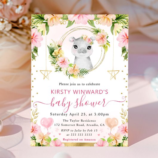 Watercolor Cute Pink Jungle Hippo Baby Shower 招待状