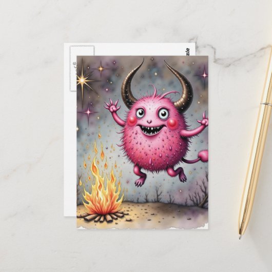 Watercolor Cute Pink Monster and a Campfire ポストカード (正面/裏面インサイチュ)