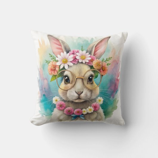 Watercolor Cute Rabbit Wildflowers クッション (正面)