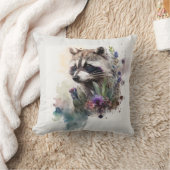 Watercolor Cute Raccoon Spring Flowers        クッション (ブランケット)