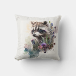 Watercolor Cute Raccoon Spring Flowers        クッション