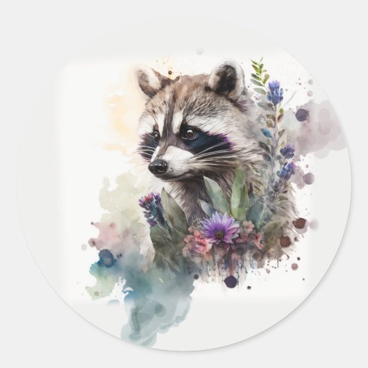 Watercolor Cute Raccoon Spring Flowers         ラウンドシール (正面)