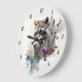 Watercolor Cute Raccoon Spring Flowers ラージ壁時計 (傾斜)