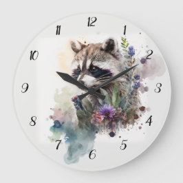 Watercolor Cute Raccoon Spring Flowers       ラージ壁時計