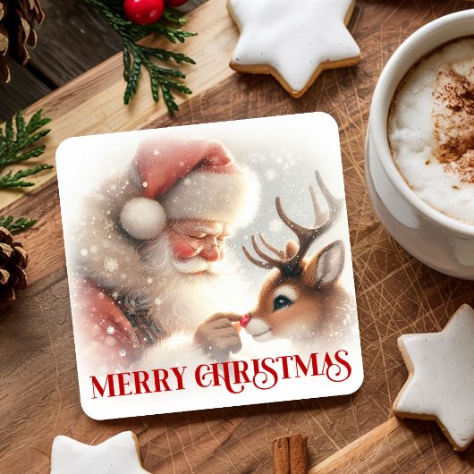 Watercolor Cute Santa Rudolph Christmas Coasters スクエアペーパーコースター