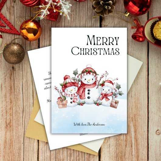 Watercolor Cute Snowman Family Merry Christmas  シーズンカード