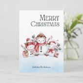 Watercolor Cute Snowman Family Merry Christmas  シーズンカード (スタンド正面)