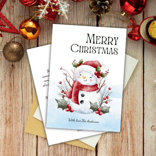 Watercolor Cute Snowman Floral Christmas  シーズンカード