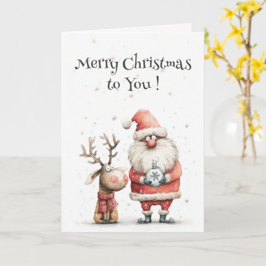 Watercolor Cute Whimsical Merry Christmas Folded  カード (黄色い花)