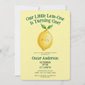 Watercolor Cute Yellow Lemon One Year Birthday 招待状 (正面)