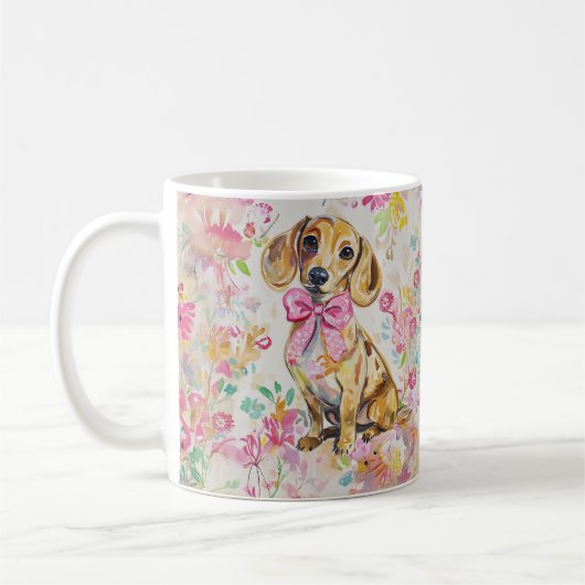 Watercolor Dachshund Coffee Mug Pink Florals コーヒーマグカップ (左)