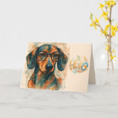 Watercolor Dachshund Hello Greeting Card カード (黄色い花)