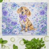 Watercolor Dachshund Purple Floral  キッチンタオル (折り畳み)