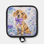 Watercolor Dachshund Purple Floral  鍋敷き (正面)