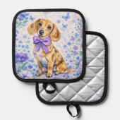 Watercolor Dachshund Purple Floral  鍋敷き (正面/裏面)