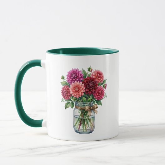 Watercolor Dahlia Mason Jar Green Accent Mug マグカップ (左)