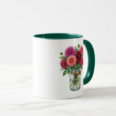 Watercolor Dahlia Mason Jar Green Accent Mug マグカップ (正面右)