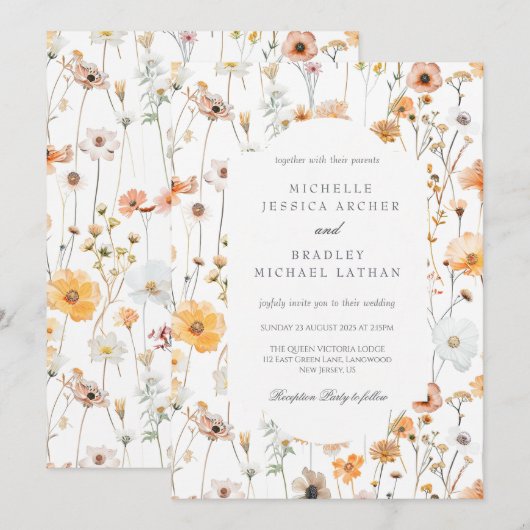 Watercolor Dainty Flowers Wedding Invitation 招待状 (正面/裏面)