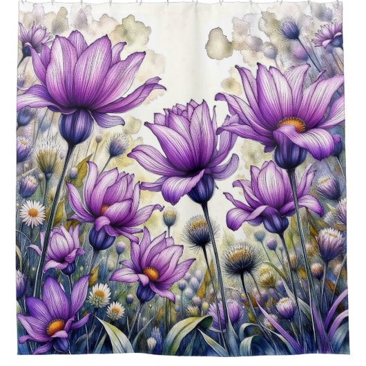 Watercolor Daisy Flower Design シャワーカーテン (正面)