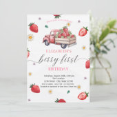 Watercolor Daisy Strawberry Truck Baby Shower 招待状 (スタンド正面)