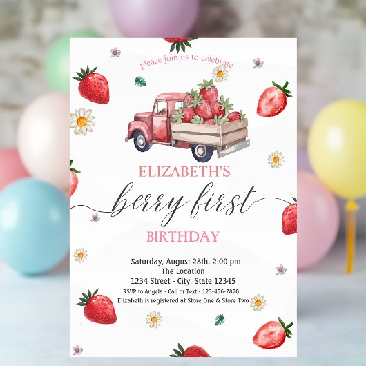 Watercolor Daisy Strawberry Truck Baby Shower 招待状