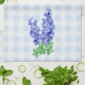 Watercolor Deep Blue Delphinium Pale Blue Gingham キッチンタオル (折り畳み)
