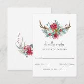 Watercolor Deer Floral Antler Pine Winter Wedding 出欠カード (正面/裏面)