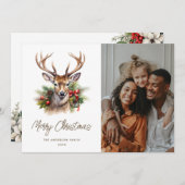 Watercolor Deer Winter Botanicals Photo Christmas シーズンカード (正面/裏面)