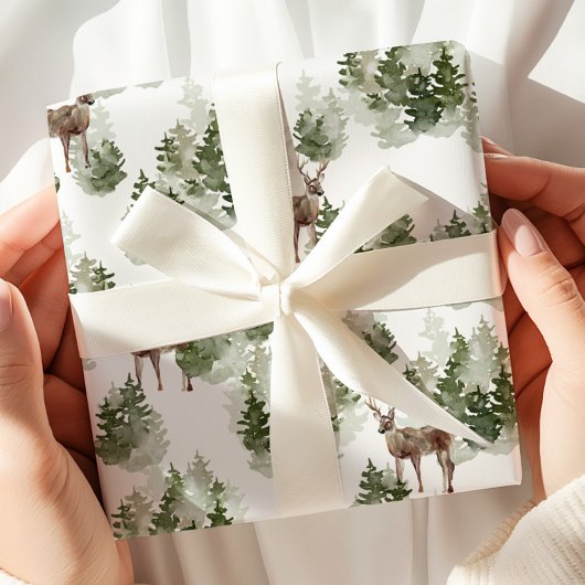 Watercolor Deer Winter Forest ラッピングペーパー