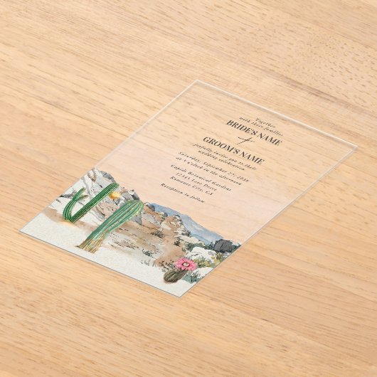 Watercolor Desert Cactus Boho Wedding アクリル招待状 (レイダウン)