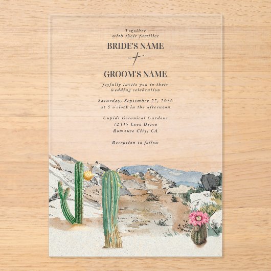 Watercolor Desert Cactus Boho Wedding アクリル招待状 (正面)