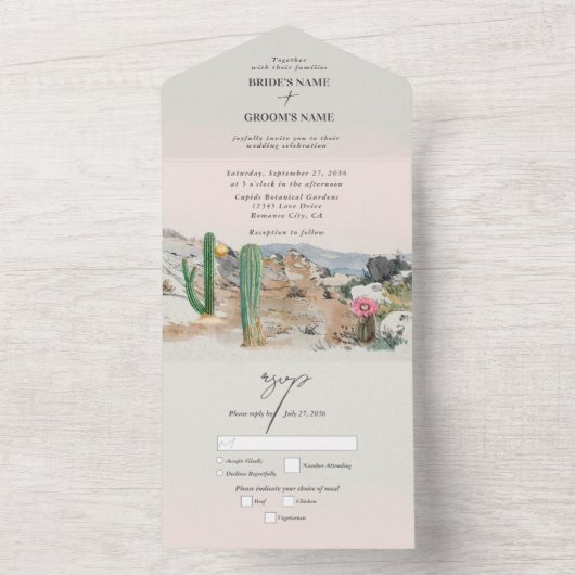 Watercolor Desert Cactus Boho Wedding オールインワン招待状 (内側)