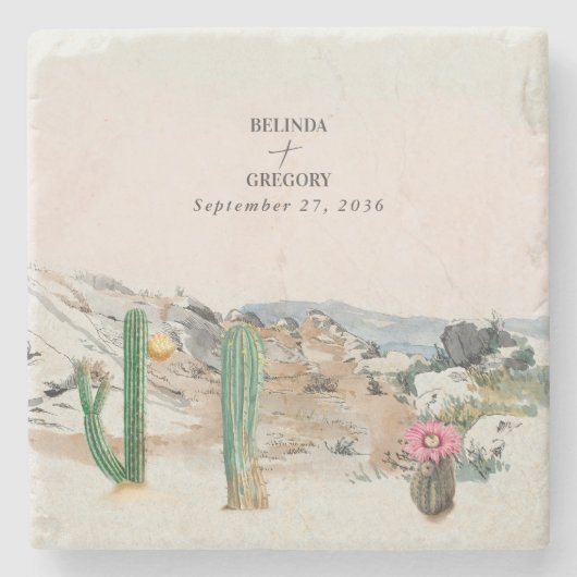 Watercolor Desert Cactus Boho Wedding ストーンコースター (正面)