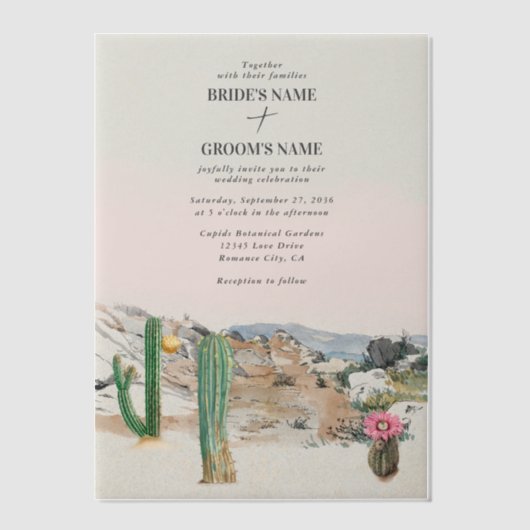 Watercolor Desert Cactus Boho Wedding ベラム紙招待状 (正面)
