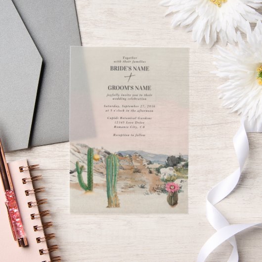 Watercolor Desert Cactus Boho Wedding ベラム紙招待状 (ウェディング)
