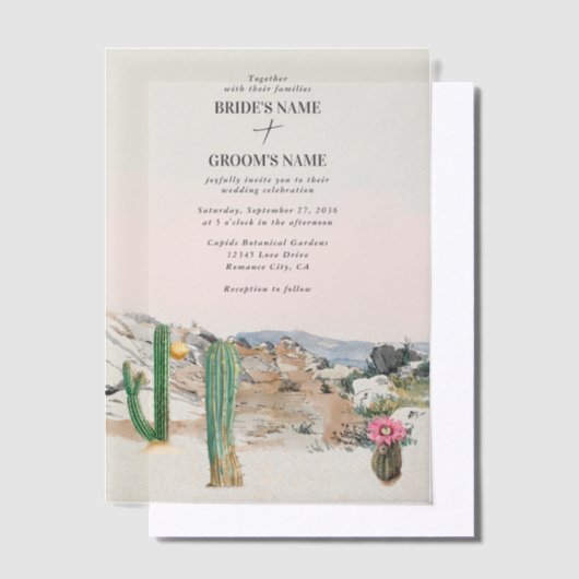 Watercolor Desert Cactus Boho Wedding ベラム紙招待状 (オフセット)