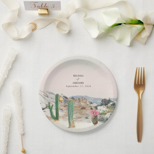 Watercolor Desert Cactus Boho Wedding ペーパープレート (ウェディング)