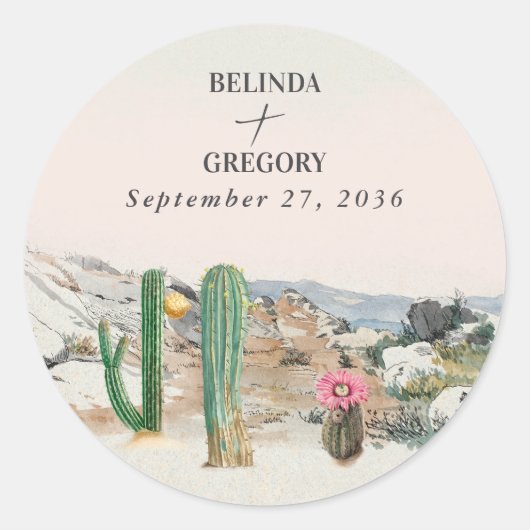 Watercolor Desert Cactus Boho Wedding ラウンドシール (正面)