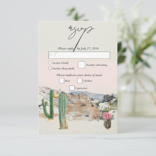 Watercolor Desert Cactus Boho Wedding 出欠カード (スタンド正面)